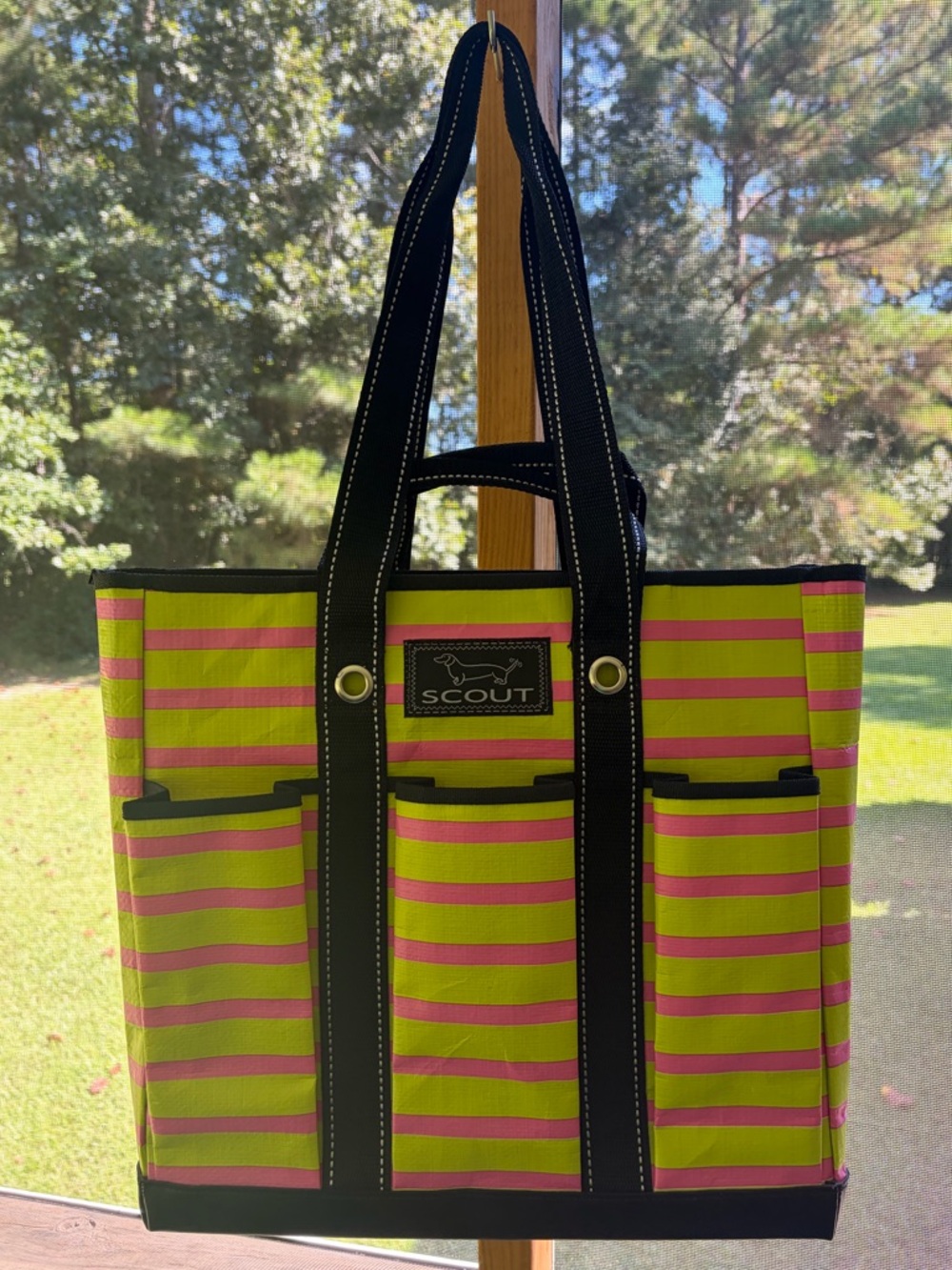 SCOUT Pocket Rocket Tote Pink & Green Striped 6 Pocket Zip Top